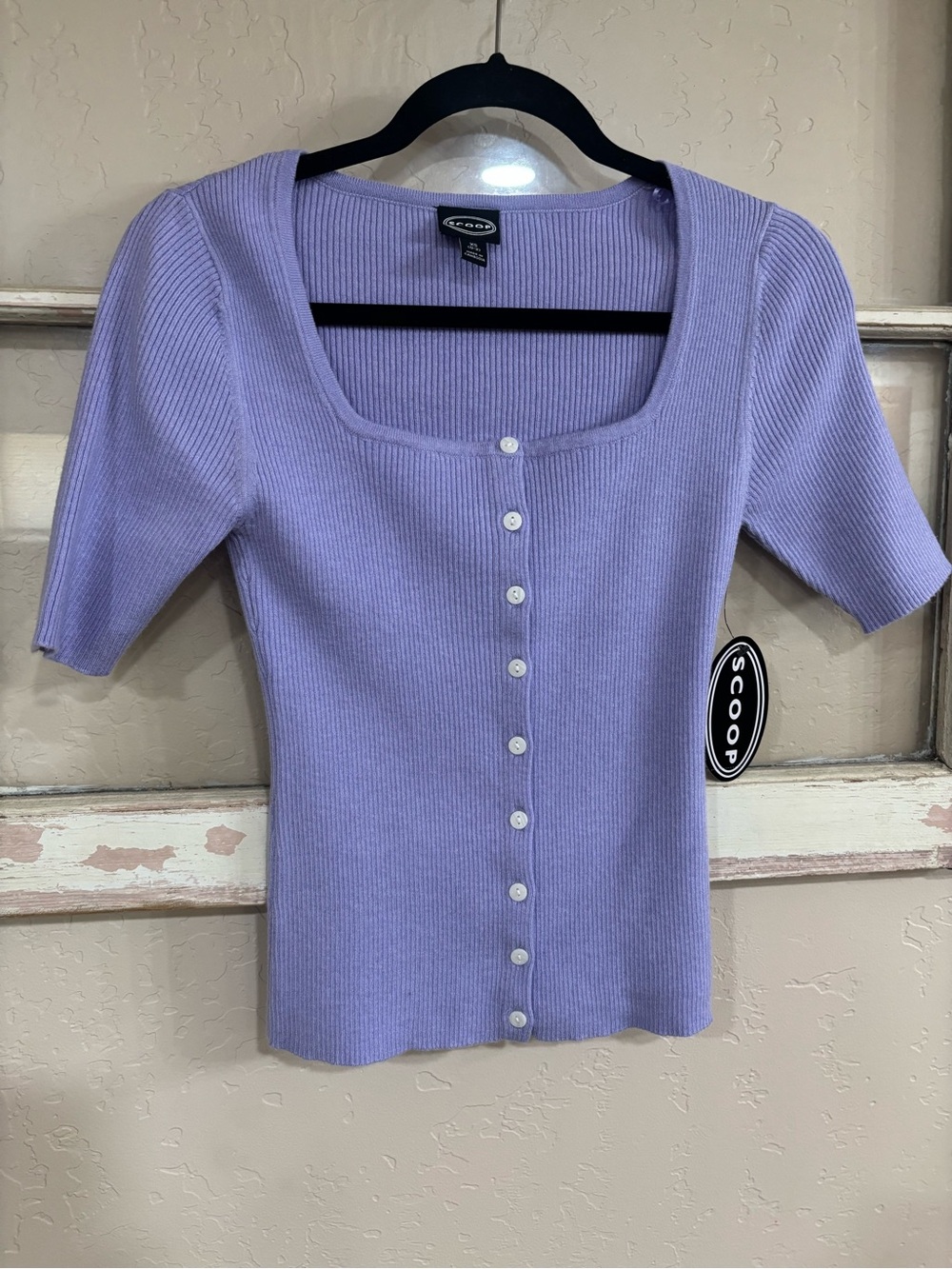 Scoop Lavender Ribbed Button-Front Square Neck Top